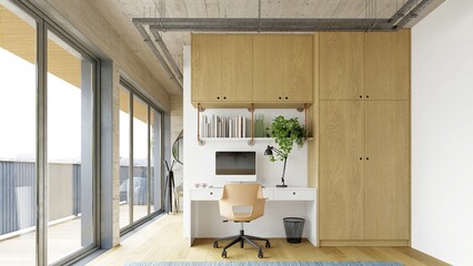 Modern home office interior with computer and wood cabinets. Industrial style workspace