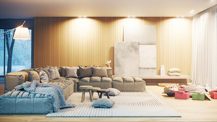 Modern living room interior with Christmas gifts. Winter snow view through window