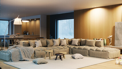 Modern living room interior with large beige sofa. Snowy winter landscape view in window
