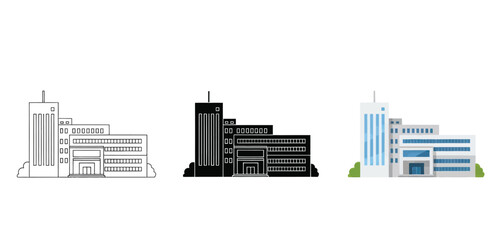 Obraz premium Cityscape with Skyscrapers Vector Set in Line Art, Silhouette and Color Style for Modern City Architecture and Real Estate Design