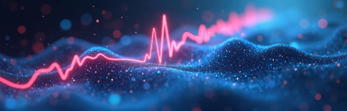 Abstract pulsing neon line across dark digital waves with bokeh lights. Represents life, sound, data or vital signs. Futuristic tech or medical abstract background.