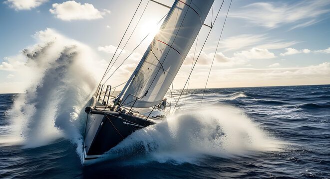 A powerful sailboat cuts through the vast ocean, generating large splashes of white water.