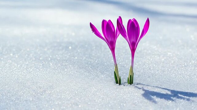 Close-up of blooming crocuses emerging from under the snow and blooming in early spring. AI video from real photos