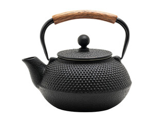 A cast iron teapot with a wooden handle Isolated Transparent Background, PNG