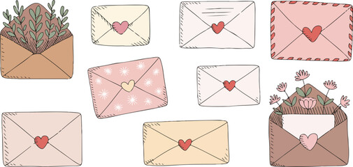 Romantic Mail Line Icons  Envelopes, Letters & Hearts Hand-Drawn Set