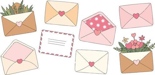 Romantic Mail Line Icons  Envelopes, Letters & Hearts Hand-Drawn Set