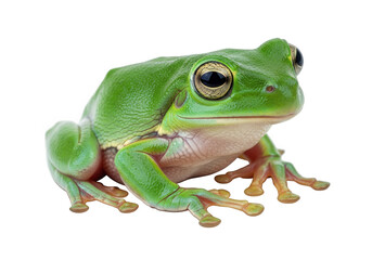 Obraz premium A vibrant green frog perched on a surface, showcasing its natural habitat and detailed features, captured from a frontal viewpoint.