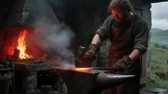 A blacksmith forges hot iron in a medieval forge. A historical reconstruction of everyday life in the Middle Ages