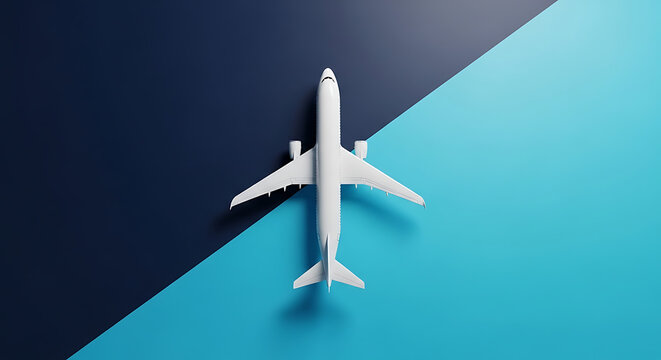 A pristine white airplane model rests centrally on a striking diagonal blue and dark background.