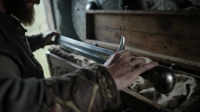 A medieval warrior takes up a sword before setting out on a campaign to war. Historical reconstruction of life in the Middle Ages