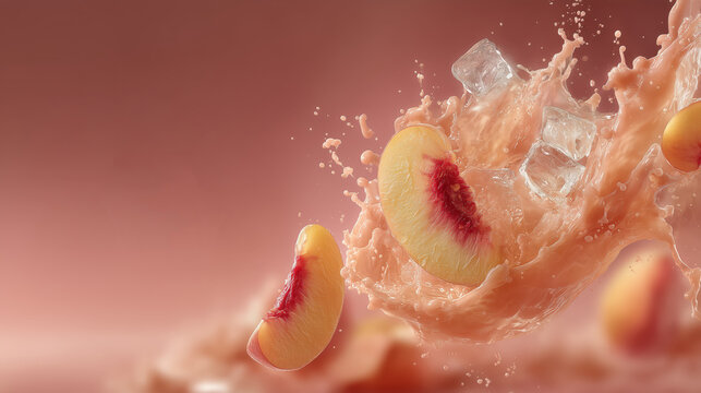 Refreshing peach iced tea splash with mint in glass, summer drink concept for menus and beverage ads.