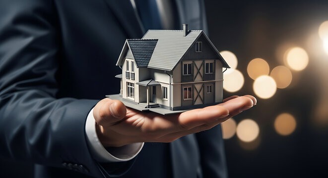 A businessman in a crisp suit gently holds a small, detailed model house in his open palm.