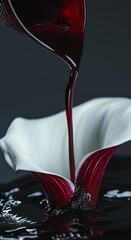 Pouring dark red liquid ono a white calla lily flowe