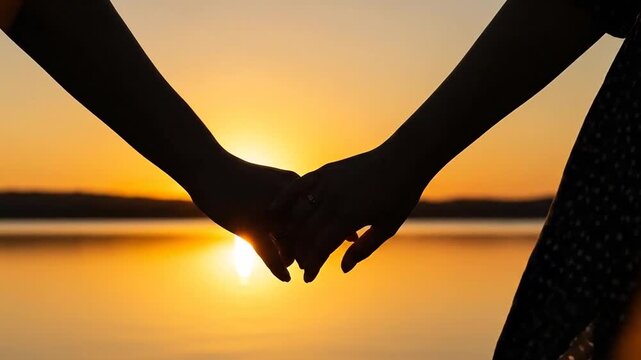 Couple Hands Interlace Silhouette Sunset Lake Valentine's Day