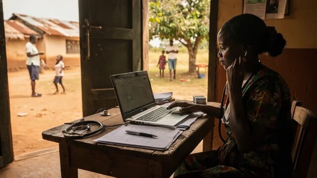 Rural clinic worker inputting community health data into a laptop with outoffocus village scenes highlighting grassroots disease monitoring efforts.