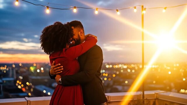 Couple embracing city rooftop dusk string lights Valentine's Day