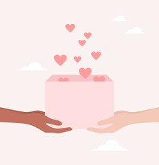 Two pairs of hands holding an open pink box with hearts flying out of it. Flat vector illustration
