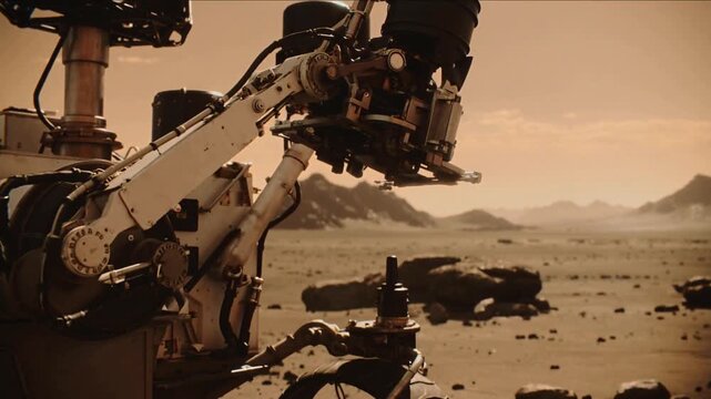 Mars rover conducting geological research on rocky terrain. Automated vehicle lowering robotic arm to analyze mineral samples under orange sky.