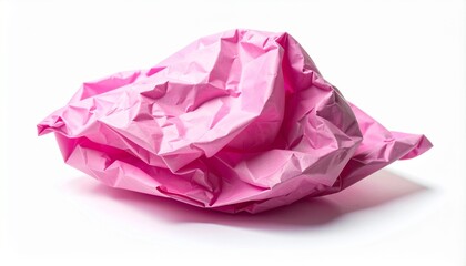 Fototapeta premium A close-up shot of a crumpled pink paper ball, representing concepts like mistakes, discarded ideas, or creative frustration, is shown isolated against a clean, bright white background.
