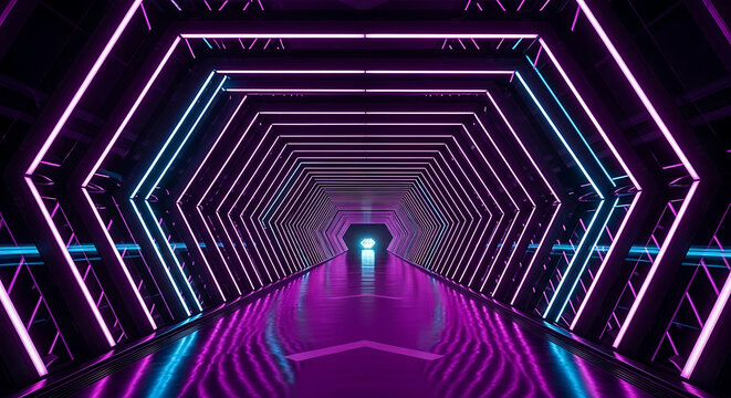 Neon lit hexagonal corridor with purple and blue lights