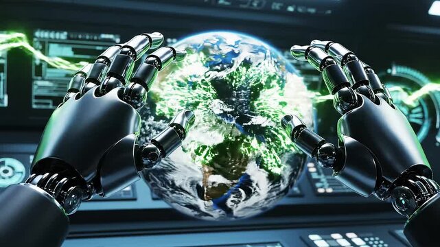 Robotic hands directing green energy streams toward Earth hologram