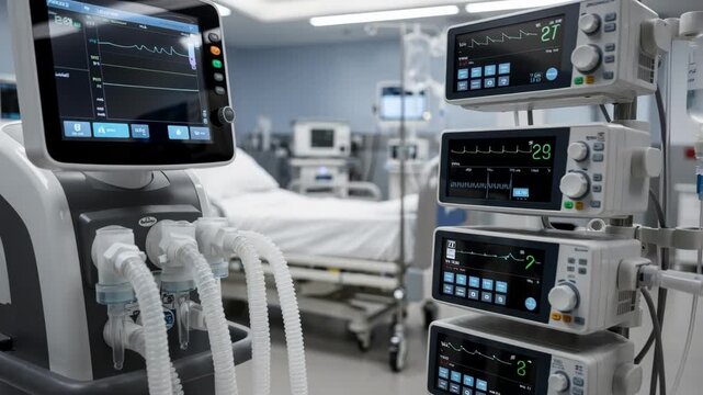 Intensive care neuro unit bay with a focused ventilator and infusion pumps while patient bed and background medical devices remain out of focus creating depth.