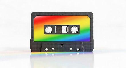 Obraz premium Vibrant cassette tape with rainbow label on white background representing retro music era