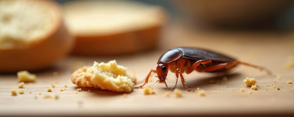 Macro photo shows cockroach on wooden table eating biscuit crumbs. Insect pest infestation implies poor home hygiene and need for extermination services. Kitchen critter on surface.