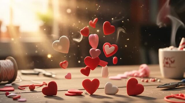 Polymer clay hearts assembling animation on wood table Valentine's Day