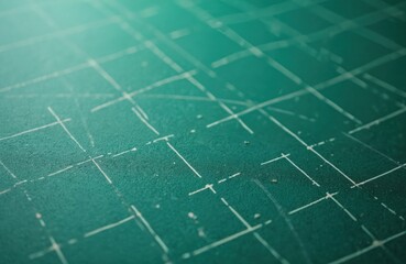 Fototapeta premium Green cutting mat surface with grid lines. Shows texture and scratches from crafting and cutting. Ideal for DIY, art, or sewing projects backdrop.