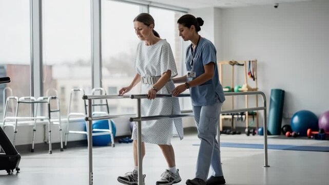 Rehab center scene capturing a patient using parallel bars for postsurgery gait training with supportive equipment faded in the softly focused background.