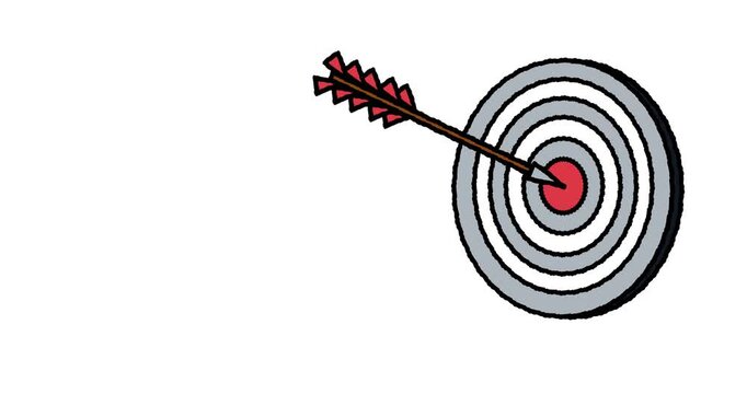 Hand drawn animated target with arrow hitting the red bullseye. Business goal, achievement, strategy and success concept doodle sketch. 4K loop, white background with blue rays.