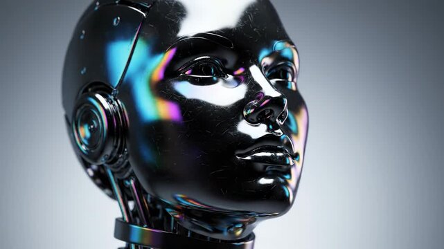 Ultra-detailed cinematic close-up portrait of a futuristic humanoid android head and upper shoulders, looking slightly upward and to the right in a calm, contemplative pose