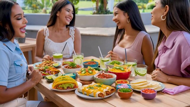 A group of happy women enjoy a vibrant Mexican feast featuring beef tacos chicken enchiladas burritos and chips with salsa on an outdoor wooden table