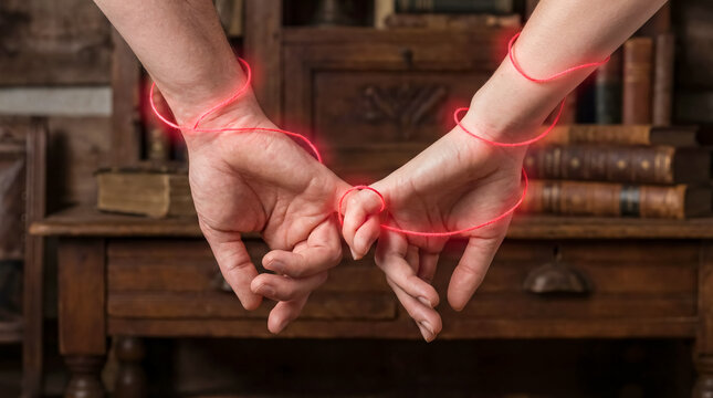Hands connected by glowing red thread fate relationship love connection background copy space mystery legend soulmate bond