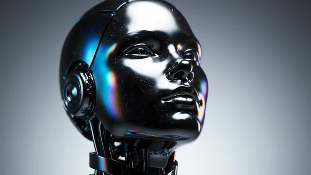 Ultra-detailed cinematic close-up portrait of a futuristic humanoid android head and upper shoulders, looking slightly upward and to the right in a calm, contemplative pose