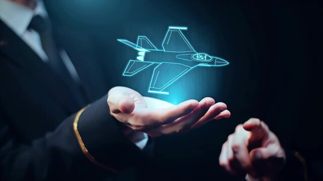 Pointing at Military Fighter Jet hologram Defense Blueprint Aircraft War Aerospace Engineering Project Research Technology