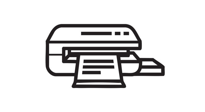 A simple line drawing of a printer producing a document from a top viewpoint in an office environment