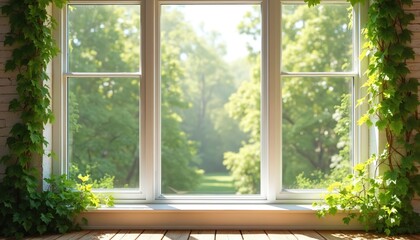 Obraz premium View from window with green ivy plants. Sunlight streams through glass onto wooden floor. Rich trees and foliage visible outside. Peaceful nature scene.
