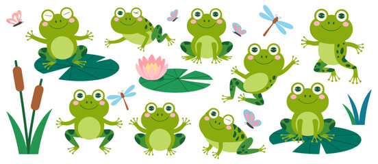 Fototapeta premium Cartoon frog set featuring cute amphibians on lily pads, vector illustration collection perfect for children’s books, stickers, educational materials, greeting cards, playful designs, and fun creative