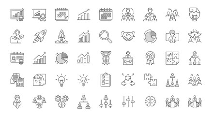 Business Analytics & Management Line Icons Set &ndash; Data, Strategy, Performance & Teamwork Symbols