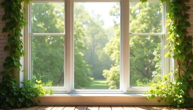 View from window with green ivy plants. Sunlight streams through glass onto wooden floor. Rich trees and foliage visible outside. Peaceful nature scene.