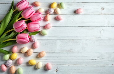 Obraz premium Pink tulips, pastel Easter eggs arranged on white wood table, suggesting spring celebration, festive decor. Pastel colored eggs, flowers provide cheerful, bright Easter vibe. Spring holiday elements