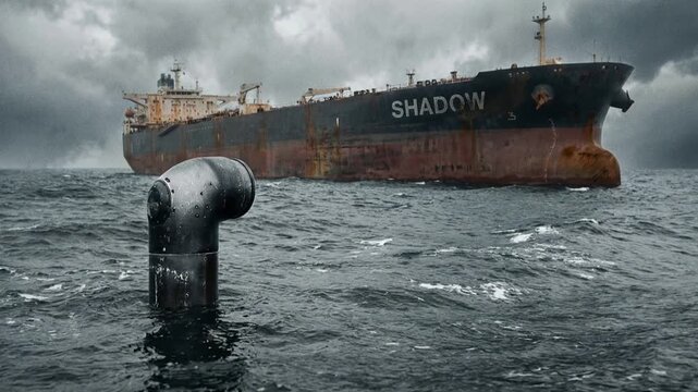 Shadow fleet oil tanker under surveillance by submerged submarine. Naval periscope monitoring commercial shipping vessel in choppy ocean waters.