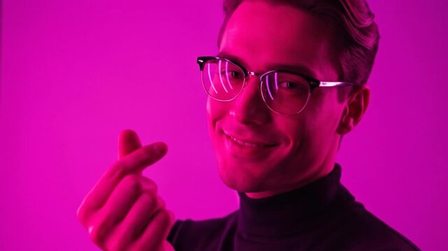 Man Retro Glasses Sends Saranghae Finger Heart Magenta Light Valentine's Day