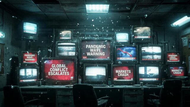 Emergency broadcast monitors displaying global crisis headlines in dark control room. Static wide shot of breaking news alerts and falling glass shards.