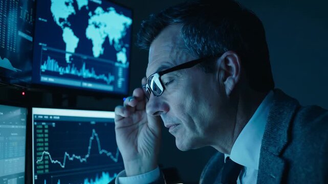 Professional financial analyst monitoring global market data on multiple computer screens. Close-up profile of middle-aged man in suit adjusting glasses while reviewing stock charts and world maps.