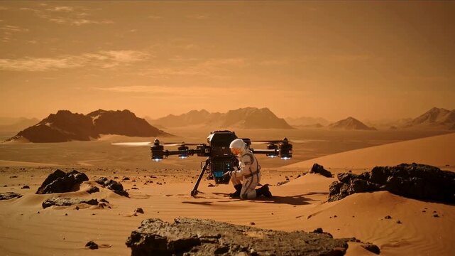 Industrial hexacopter drone maintenance on Mars. Astronaut in white space suit inspecting unmanned aircraft on red desert planet.