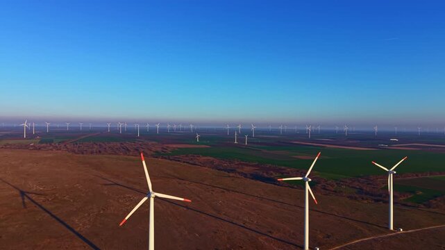Rows of wind turbines stand tall in expansive fields. The scene captures a renewable energy site with clear skies and a focus on clean energy production.
