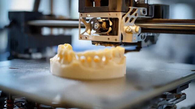 Closeup medium shot of a beige resin dental work model emerging on the build plate inside a 3D printer highlighting fine details of the orthodontic design against a softly